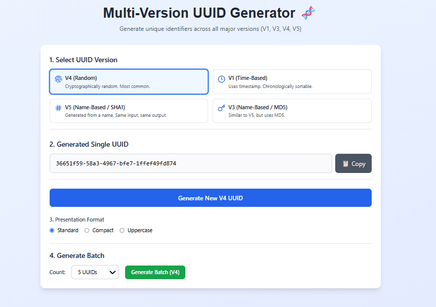 UUID Generator Guide – Generate V1, V3, V4 & V5 Instantly