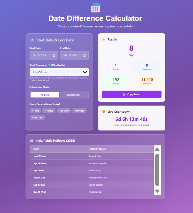 Date Difference Calculator – Days & Business Days