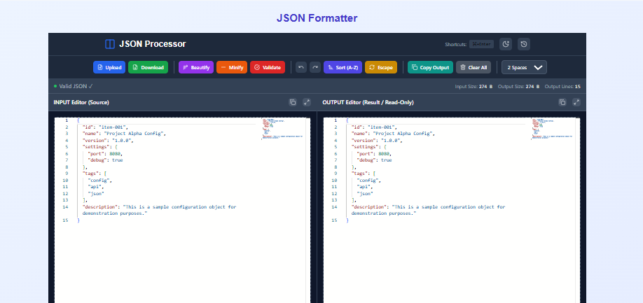 JSON Formatter – Online Validator & Minifier Tool