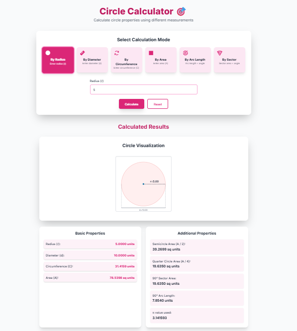 Circle Calculator – Radius, Diameter, Circumference & Area
